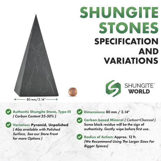 Shungite World tall pyramid side view highlights natural texture and energy focus