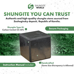 Shungite World crystal-friendly cube blends with stones for ritual ambiance.