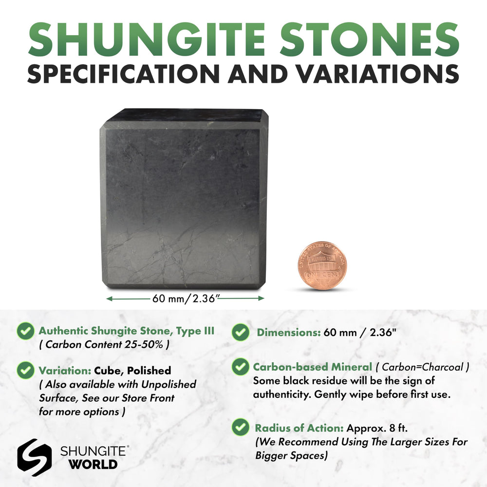 Shungite World polished 60mm desk cube near laptop promotes energy balance.