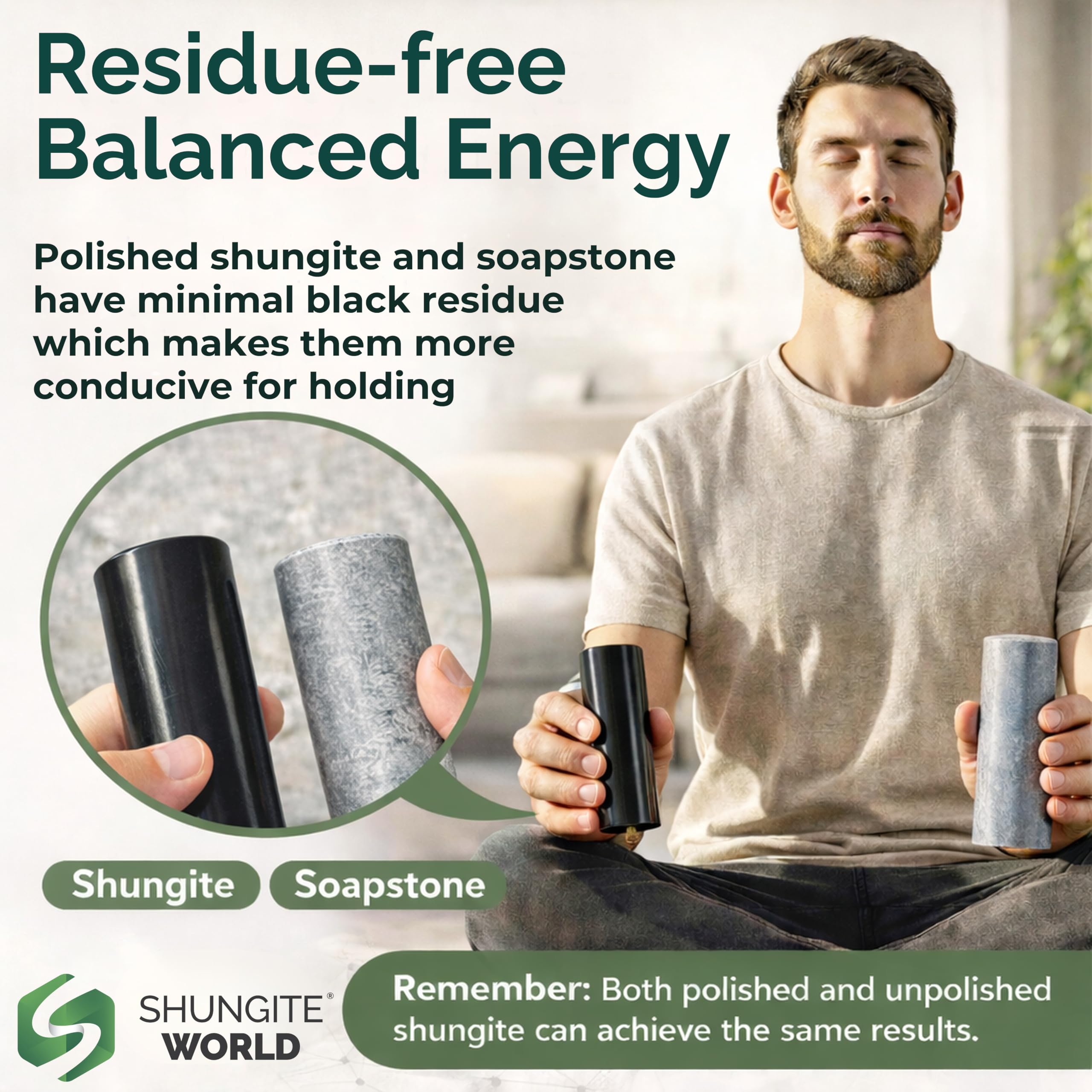 Shungite World harmonizers hands holding cylinders emphasize handheld grounding practice.