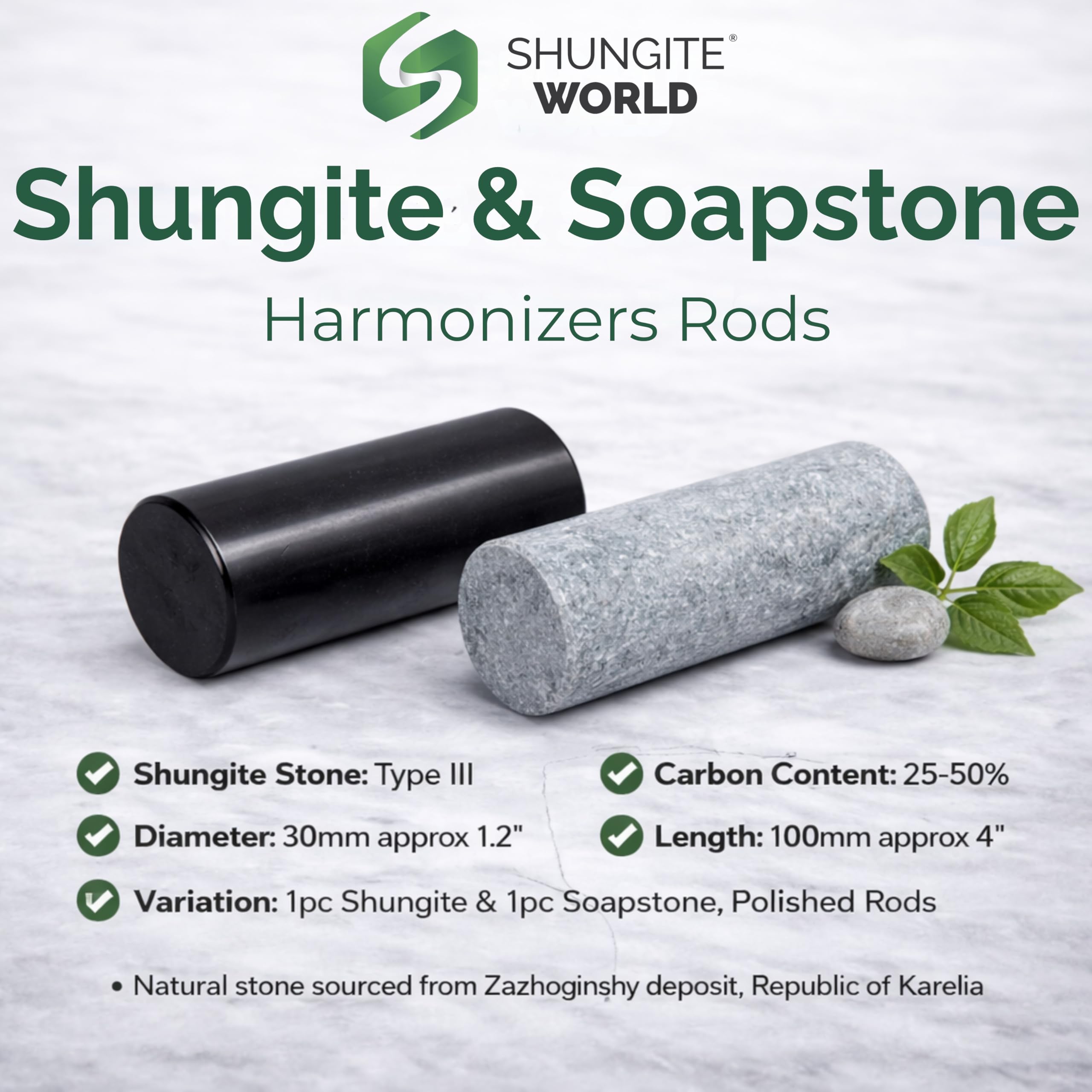 Shungite World harmonizers polished cylinders close-up showing natural texture and energy balance.