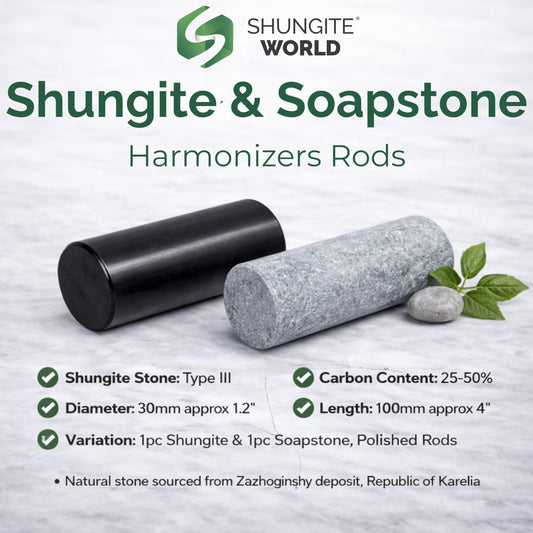Shungite World harmonizers polished cylinders close-up showing natural texture and energy balance.