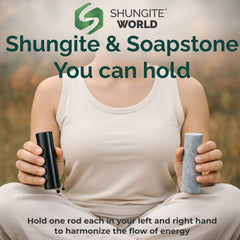 Shungite World harmonizers soapstone rod detail highlighting duo for meditation grounding.