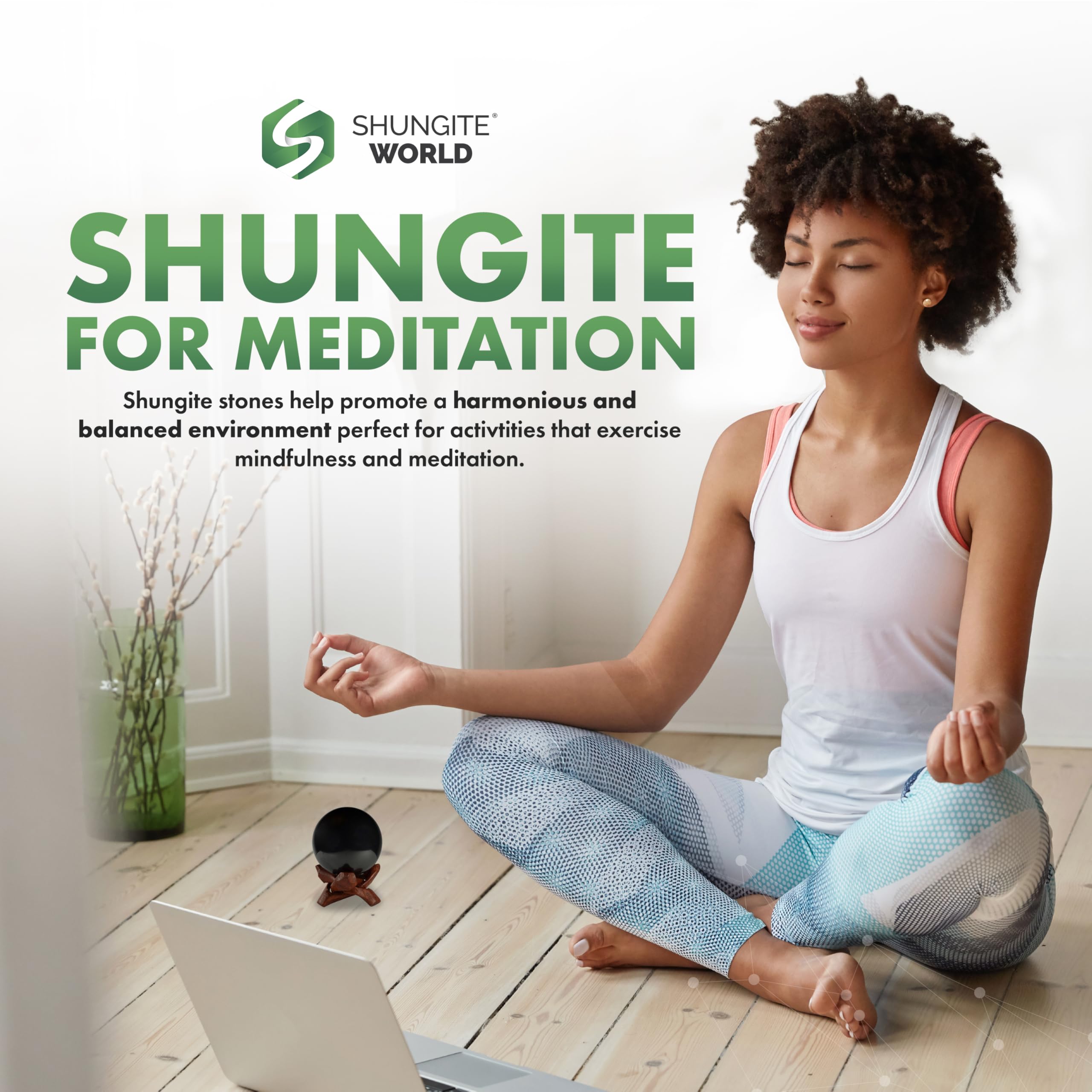 Shungite World meditation desk scene encourages mindful breathing and focus.