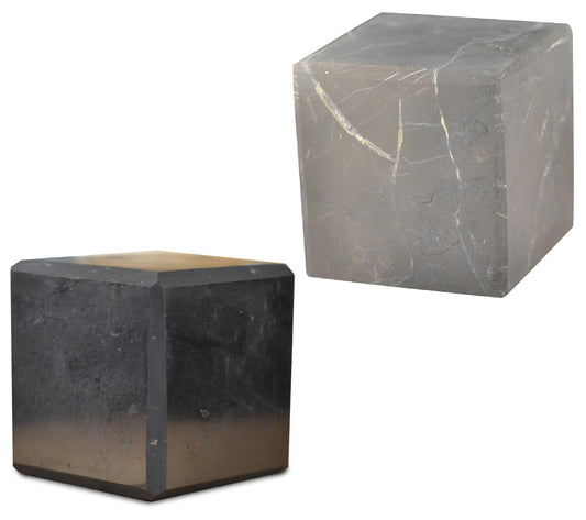 Shungite World polished cube 50mm close-up emphasizing smooth surface for energy balance.