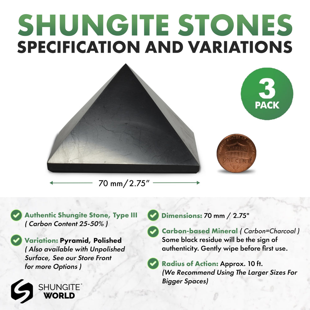 Shungite World polished pyramid 70mm close-up, deep black sheen enhances room ambience.