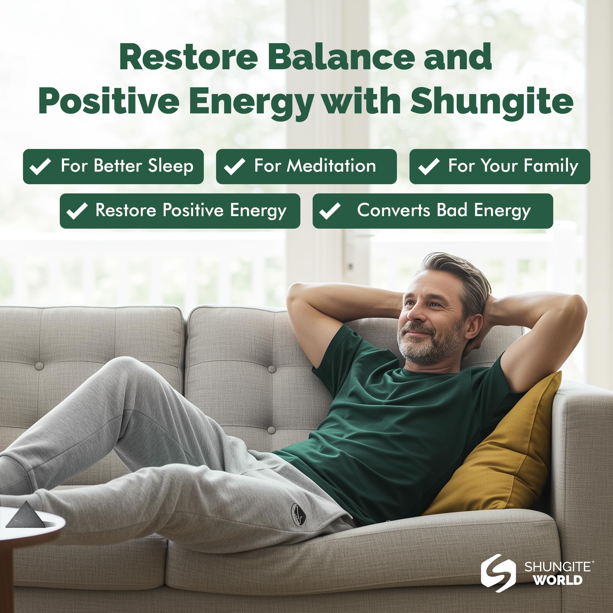 Shungite World pyramid creates calming bedroom ambience and mindful space.