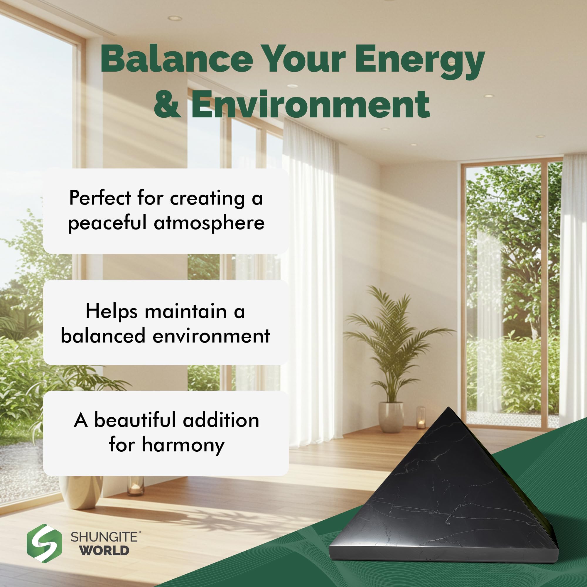 Shungite World pyramid in bedroom supports calmer nights and balanced ambiance.