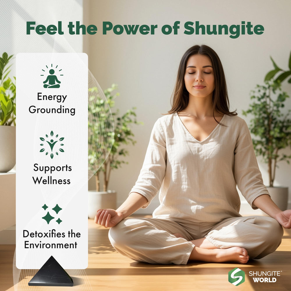 Shungite World pyramid closeup texture highlights natural carbon-rich shimmer for mindful decor.