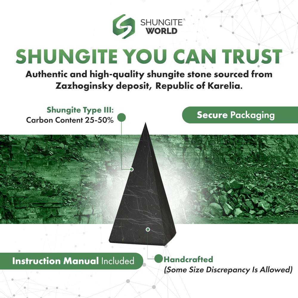 Shungite World pyramid desk setup: protective centerpiece near electronics