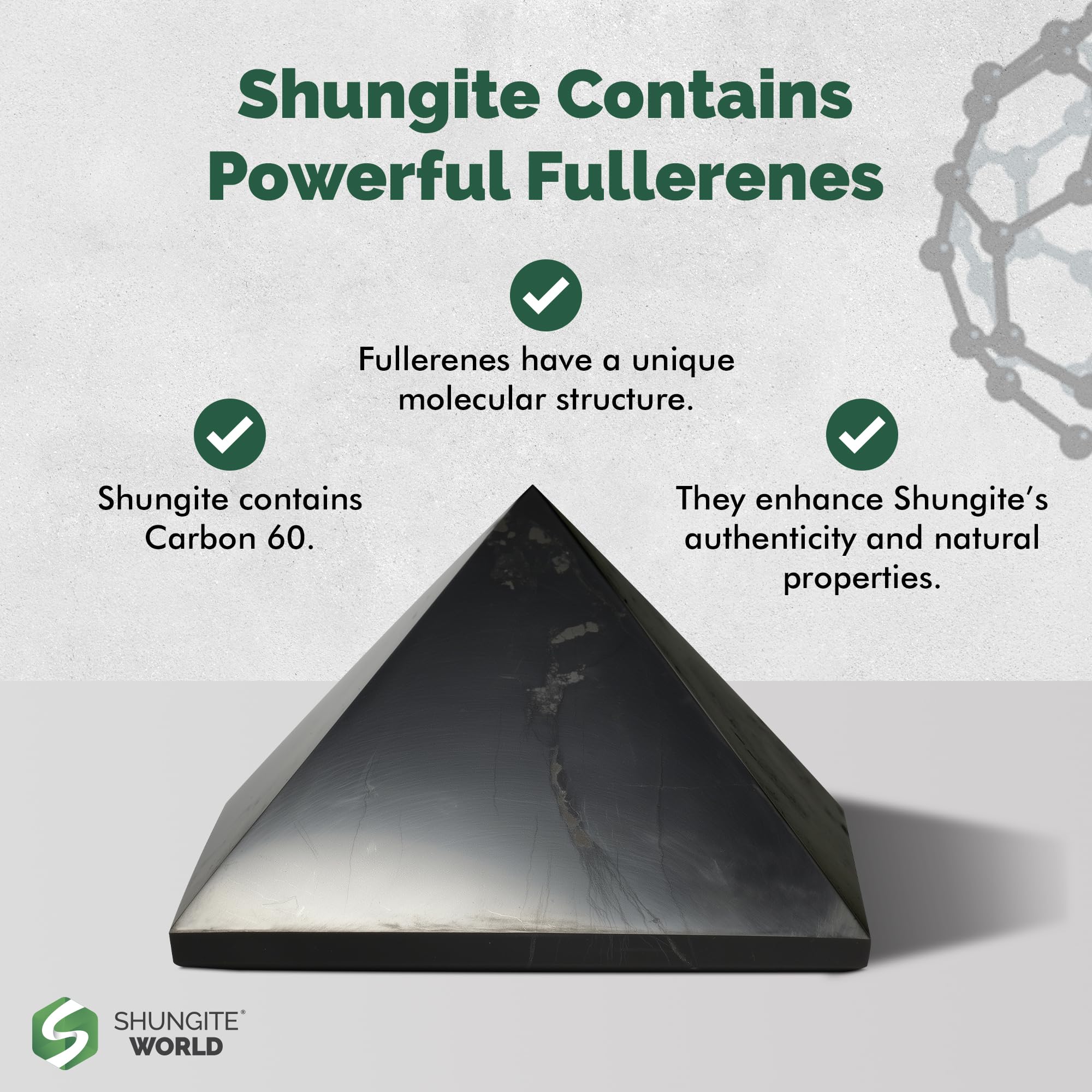 Shungite World pyramid with glossy black finish enhances modern decor.