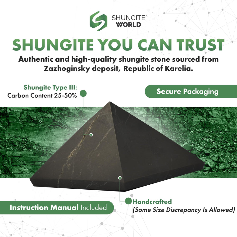 Shungite World pyramid on home desk promotes focus and shield against digital device emissions
