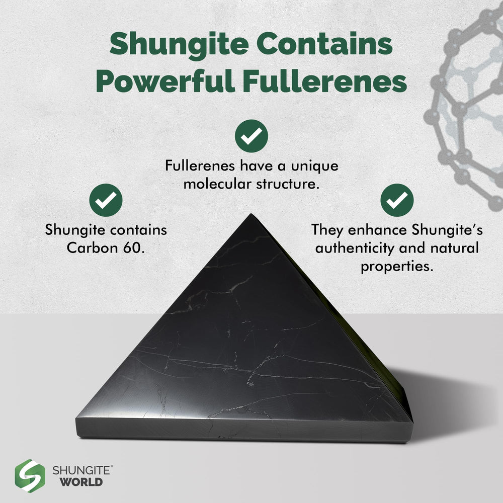 Shungite World pyramid contrasts dark stone textures for dramatic zen decor.