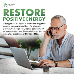 Shungite World desk cube near router balances energy around devices.