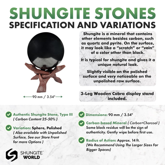 Shungite World sphere with stand ready for display and grounding.