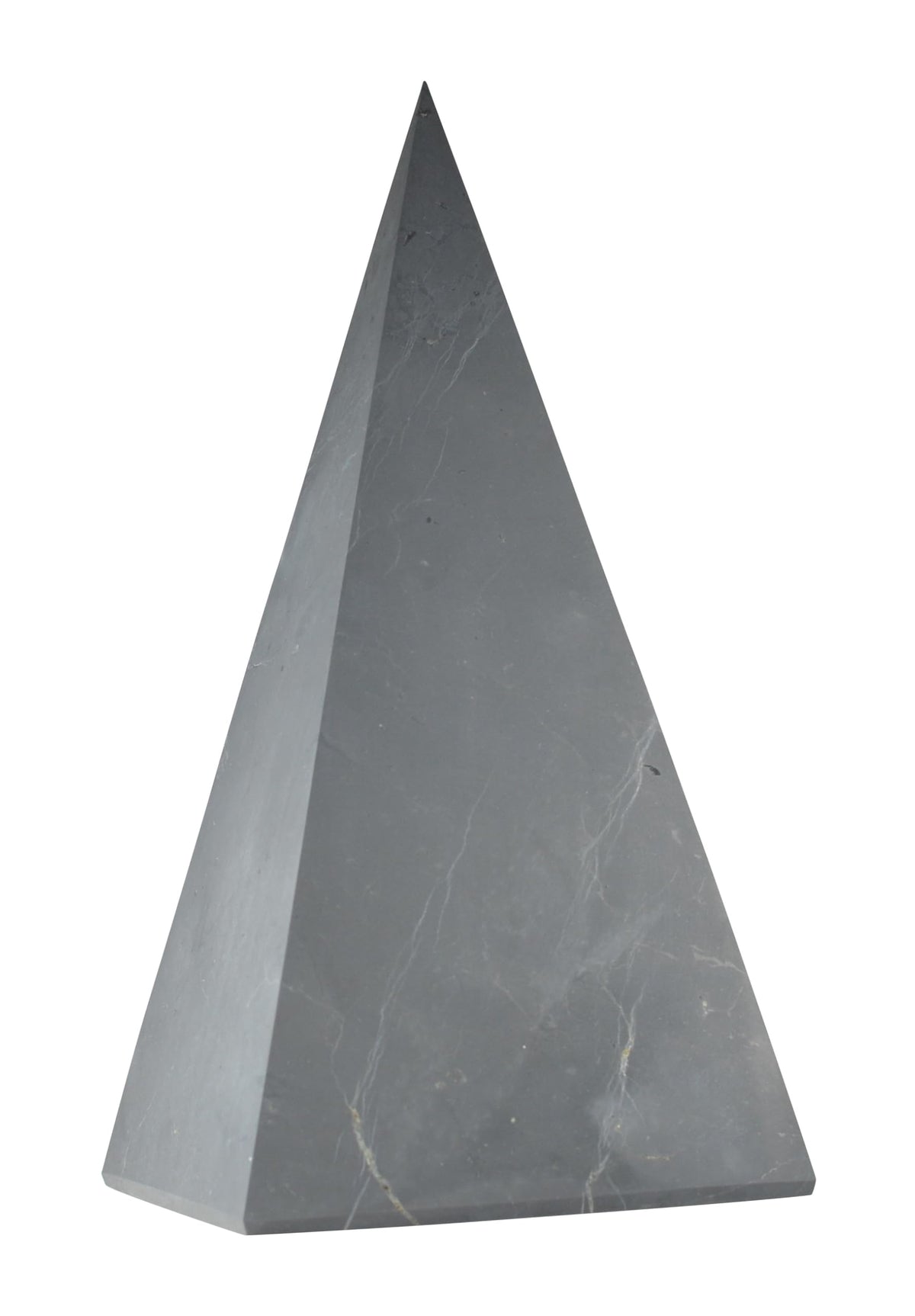 Shungite World tall pyramid 90mm close-up: natural energy balancing on a workspace