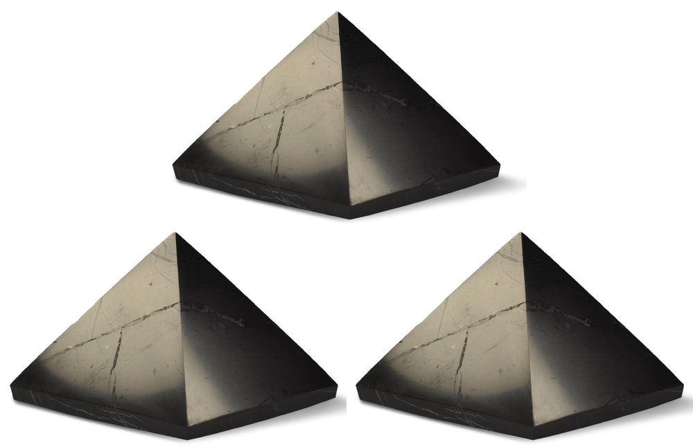 Shungite World three-pcs pyramid polished 50mm showcases natural shine for energy balance