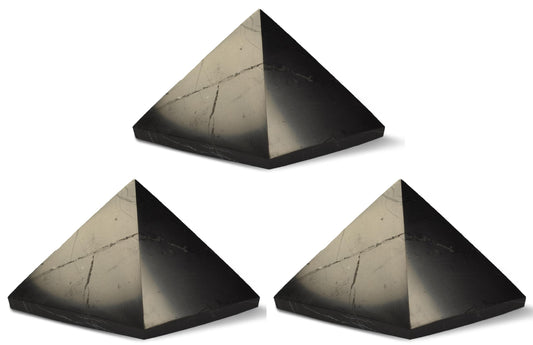 Shungite World three-pcs pyramid polished 50mm showcases natural shine for energy balance