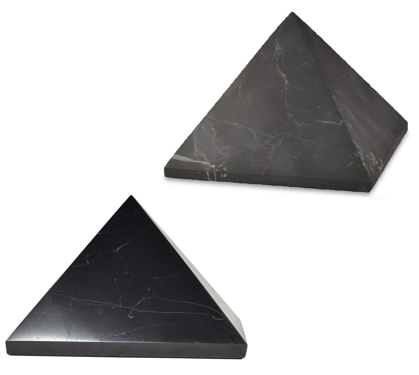 Shungite World two-pcs pyramids polished and unpolished 110 mm on a sleek desk for focus
