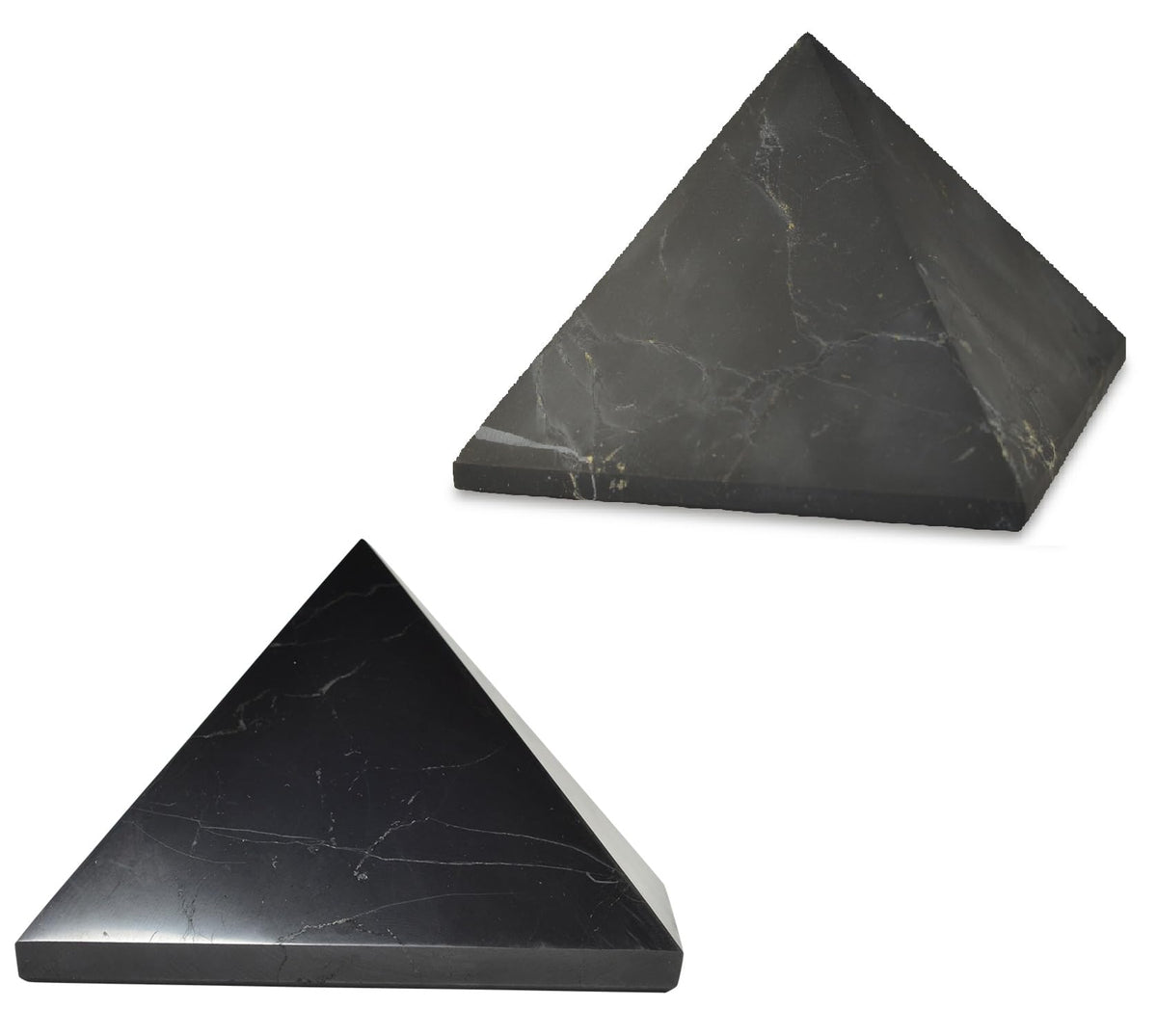 Shungite World two-pcs pyramids polished and unpolished 110 mm on a sleek desk for focus
