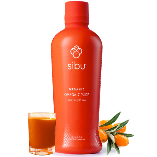 Sibu Omega-7 Pure bottle on countertop showing tart sea buckthorn juice.