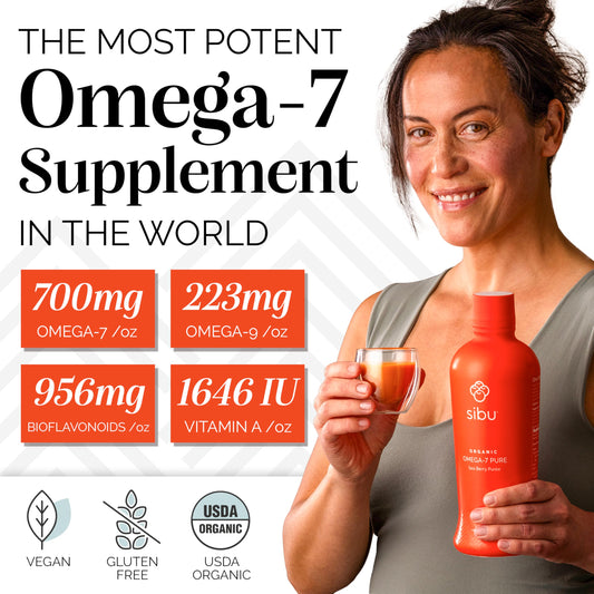 Pouring Sibu Omega-7 Pure into a glass for a tart daily ritual.