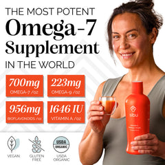 Pouring Sibu Omega-7 Pure into a glass for a tart daily ritual.