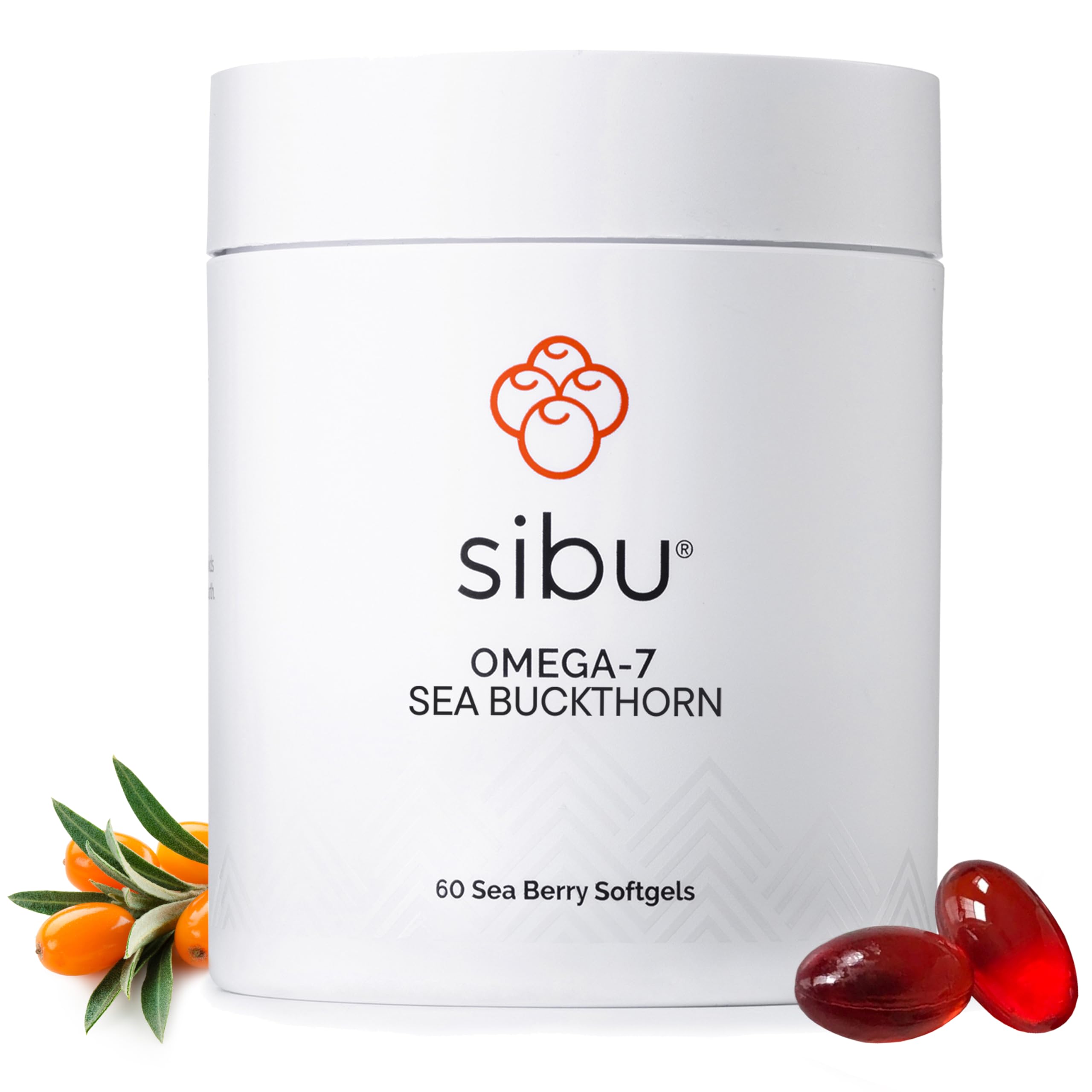 Sibu Sea Buckthorn Omega-7 softgels bottle for skin and nail care