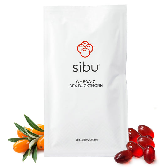 Sibu Sea Buckthorn Omega-7 softgels in 30-day sachet packaging for daily skin support