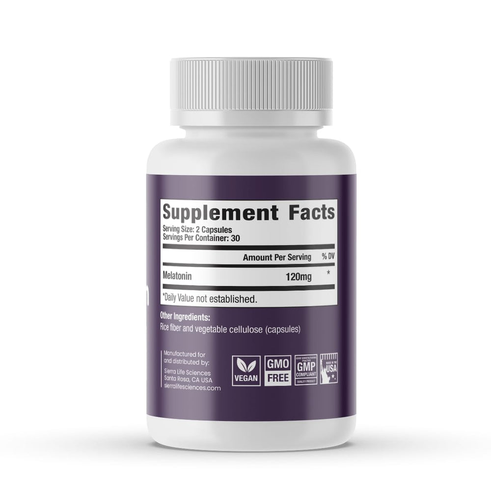 Sierra Life Sciences melatonin 120 mg bottle back label shows dosage and vegan non-GMO promise