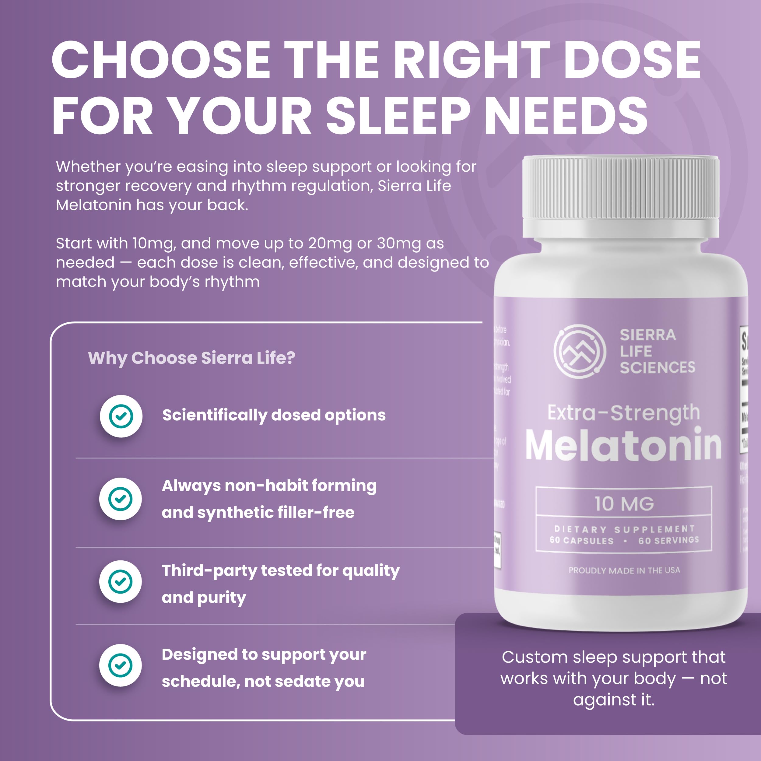 SIERRA LIFE SCIENCES melatonin capsule close-up for consistent nightly use.