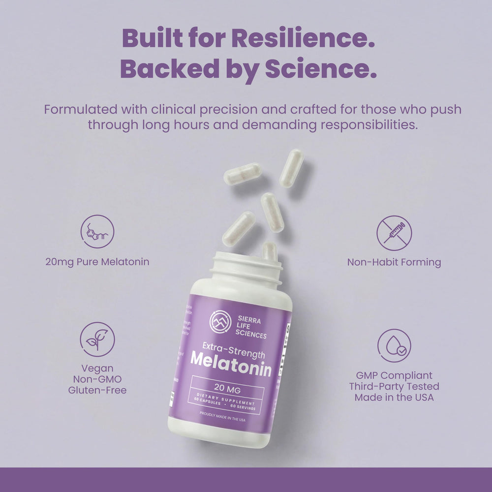 Sierra Life Sciences melatonin bottle with information panel emphasizing nightly routine support