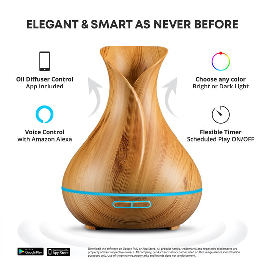 Sierra Modern Home diffuser shows ambient LED light for mood setting.