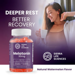 SIERRA LIFE SCIENCES melatonin gummy bottle back shows vegan non-GMO formula