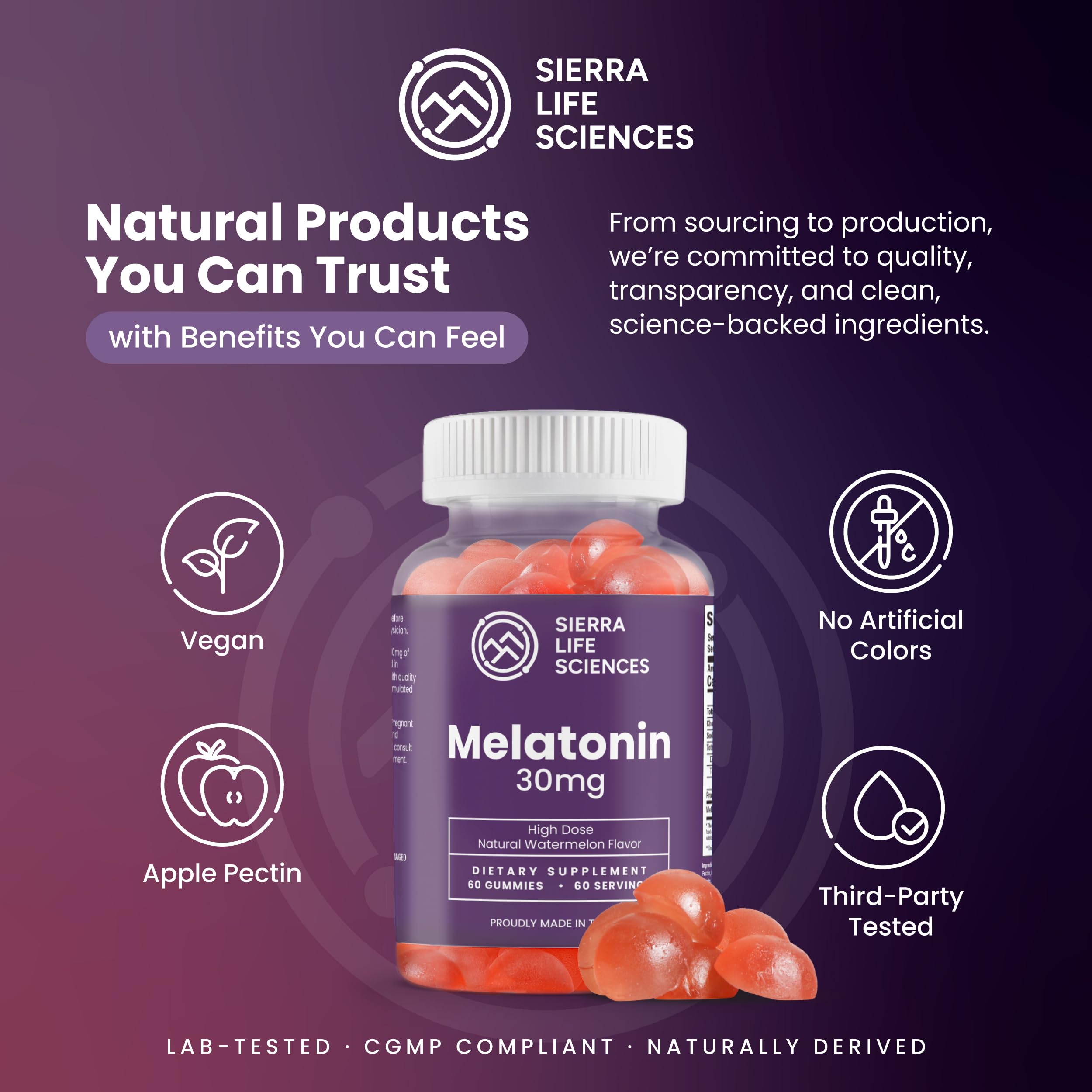 SIERRA LIFE SCIENCES melatonin gummy close-up on amber bottle highlighting label