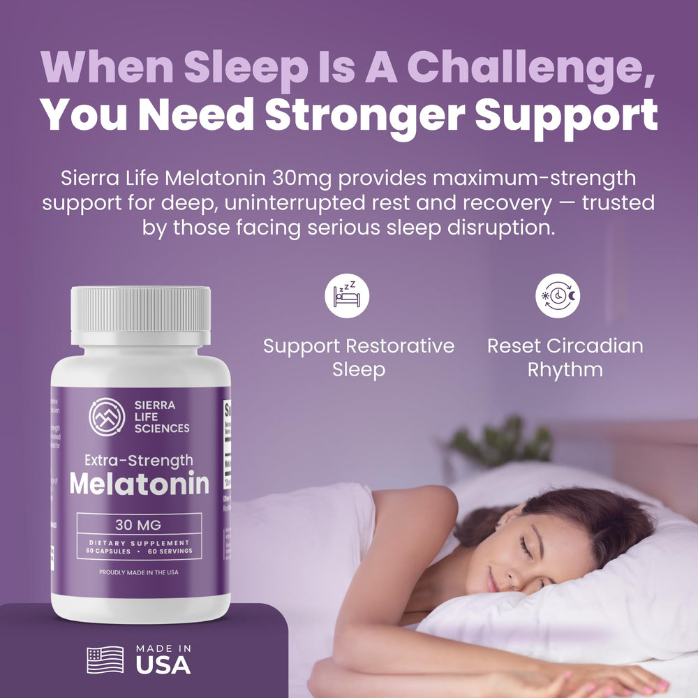 SIERRA LIFE SCIENCES melatonin bottle on nightstand supports a consistent sleep routine.