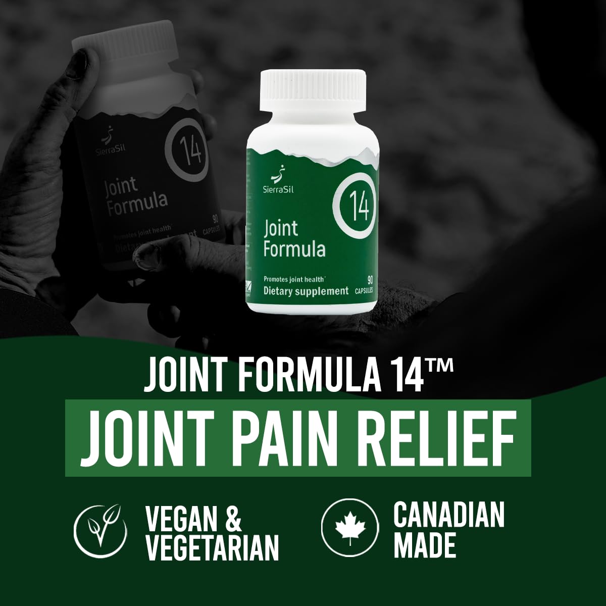 Sierrasil Joint Formula 14 capsules close-up showing mineral-rich powder.