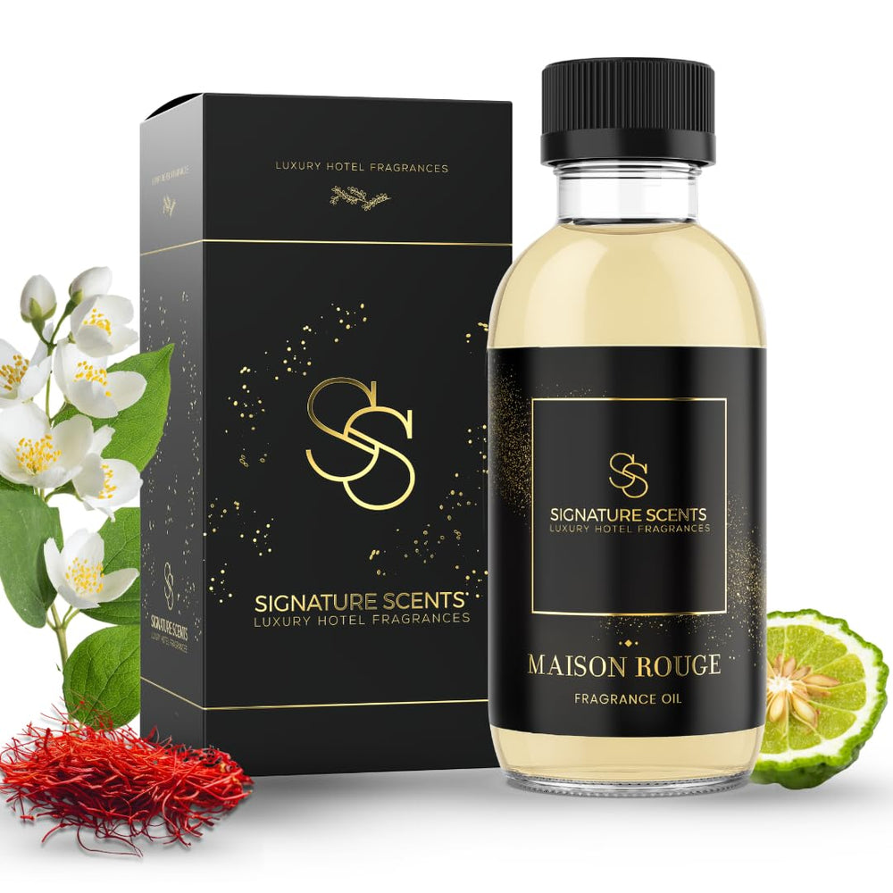 Signature Scents Maison Rouge bottle top view for luxurious room ambience.