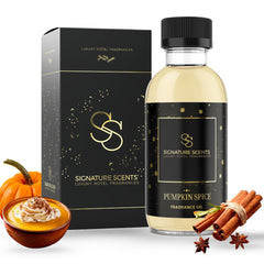 Signature Scents pumpkin spice diffuser oil bottle releasing warm autumn fragrance, ideal for hotel lobbies.
