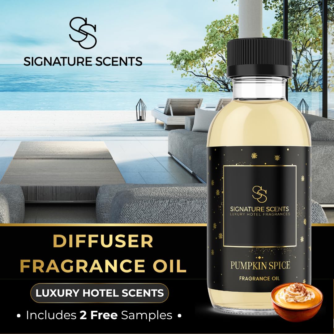 Signature Scents pumpkin spice diffuser oil pour showcasing bold aroma for welcoming entrances.