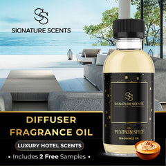Signature Scents pumpkin spice diffuser oil pour showcasing bold aroma for welcoming entrances.
