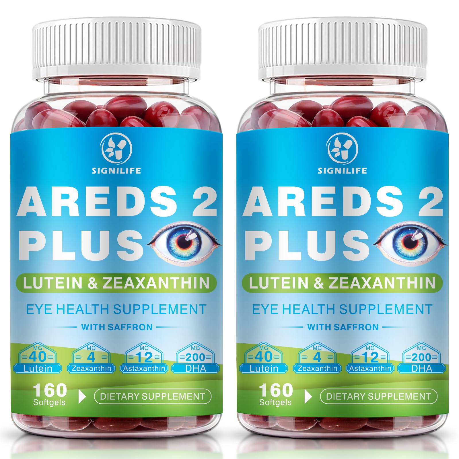 SIGNILIFE AREDS2+ softgels bottle close-up emphasizing antioxidant support for corneal and retinal health.