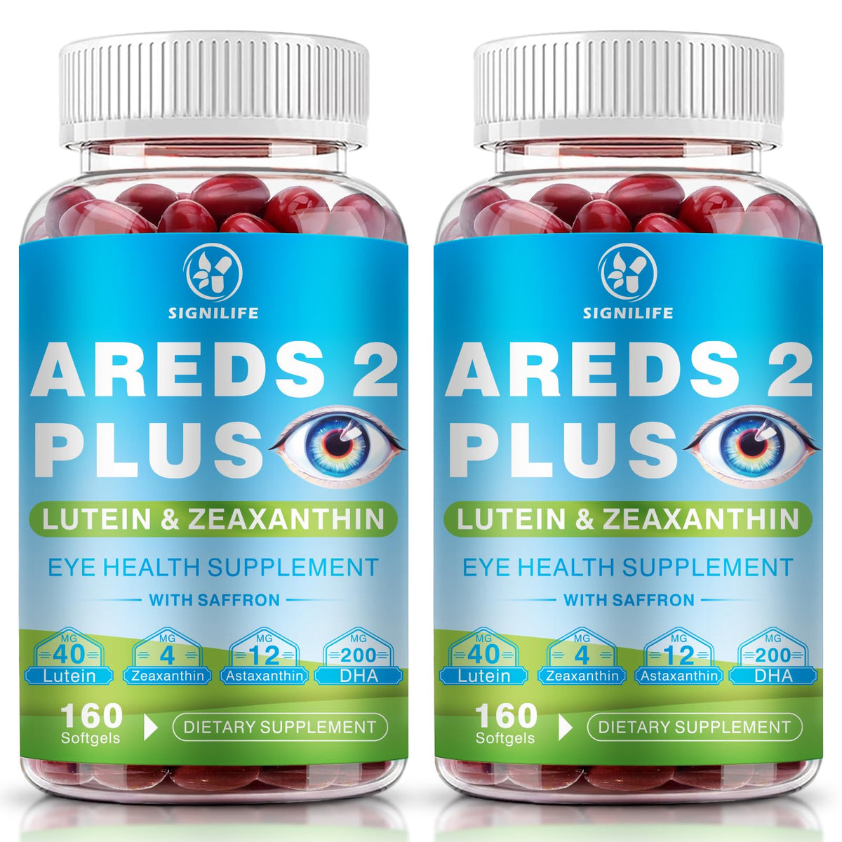 SIGNILIFE AREDS2+ softgels bottle close-up emphasizing antioxidant support for corneal and retinal health.