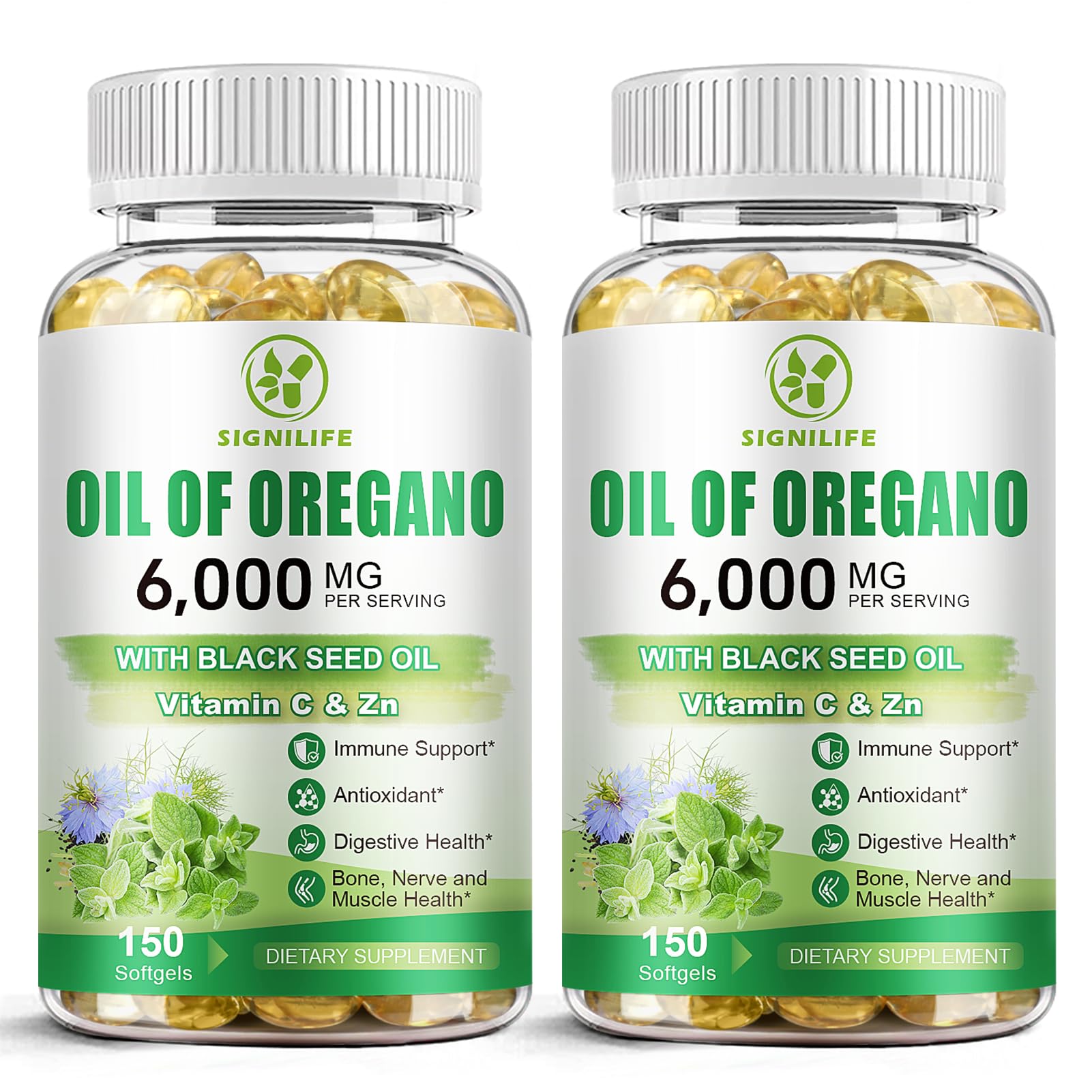 SIGNILIFE oil of oregano with black seed oil bottle front, premium formula.