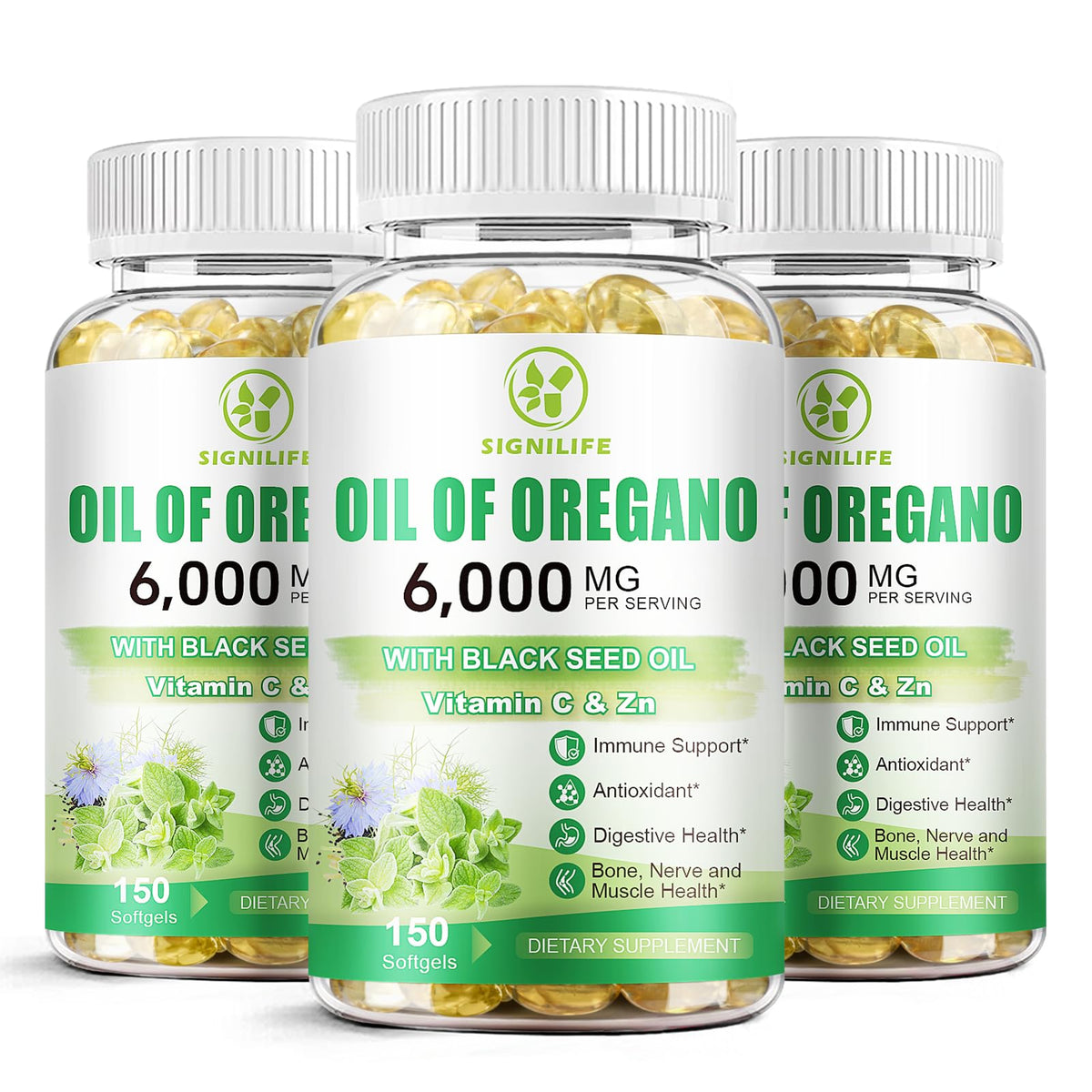 SIGNILIFE oregano oil softgel bottle highlighting convenient daily immune support.
