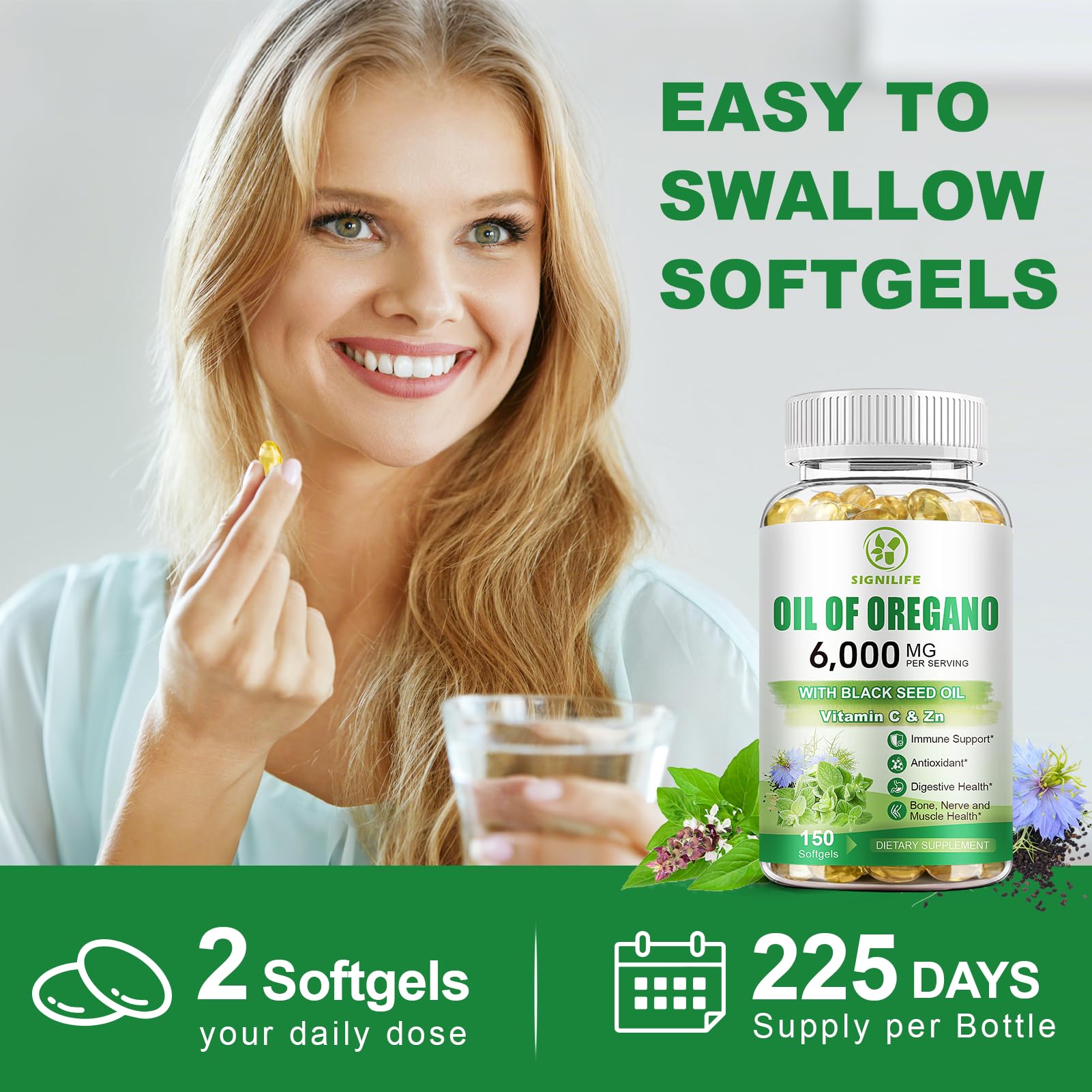 SIGNILIFE packaging display highlighting 450 softgels per bottle.