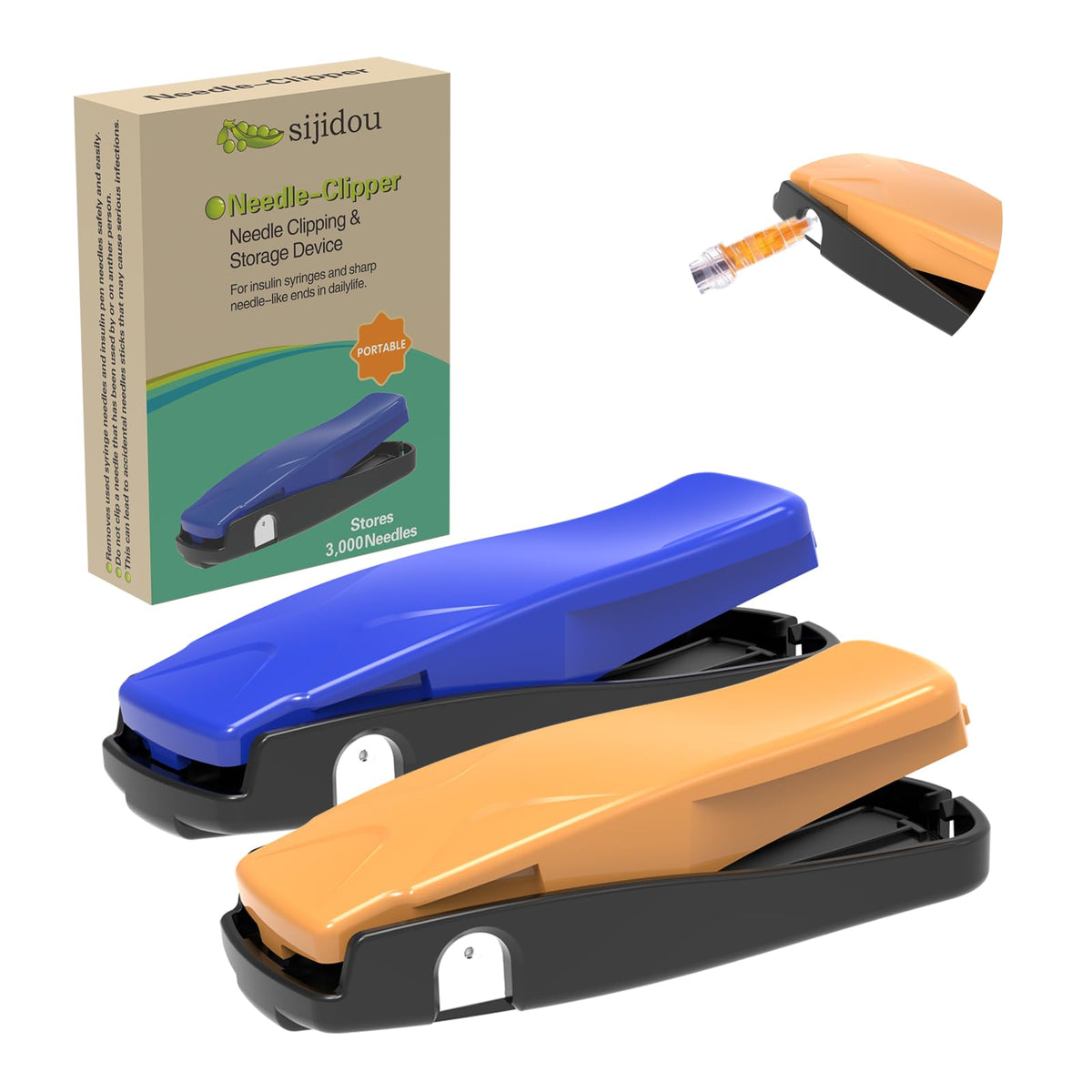 Sijidou needle clipper in blue-orange body for safe disposal.
