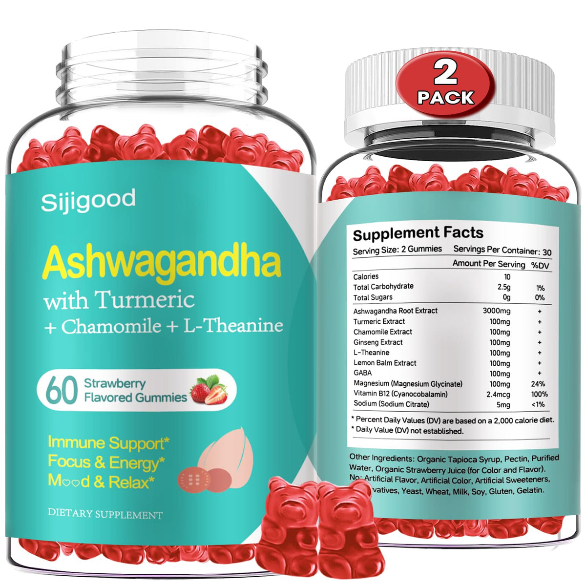 Sijigood Ashwagandha Gummies two-pack strawberry flavor for daily balance.