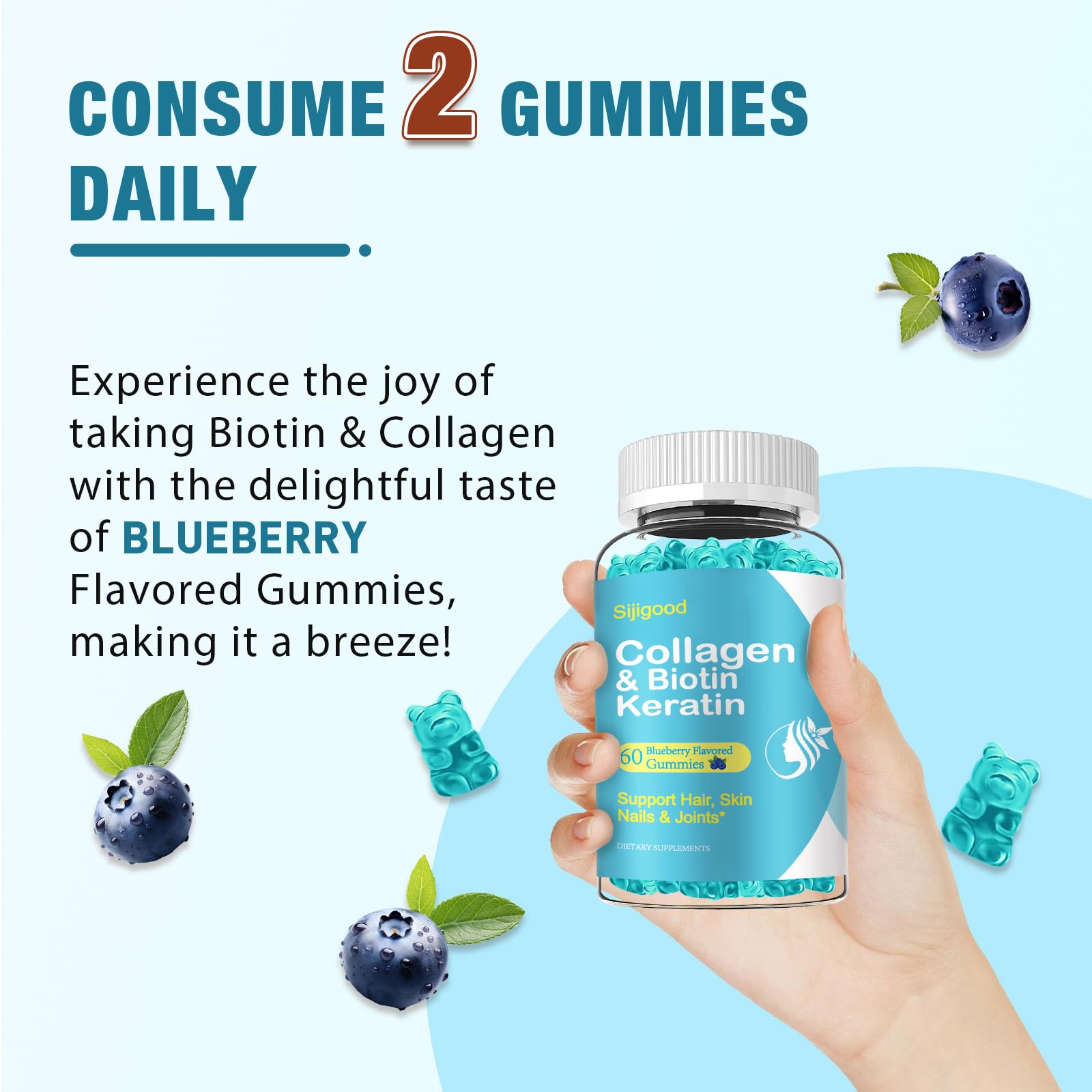 Sijigood gummies close-up highlights vivid blueberry flavor.