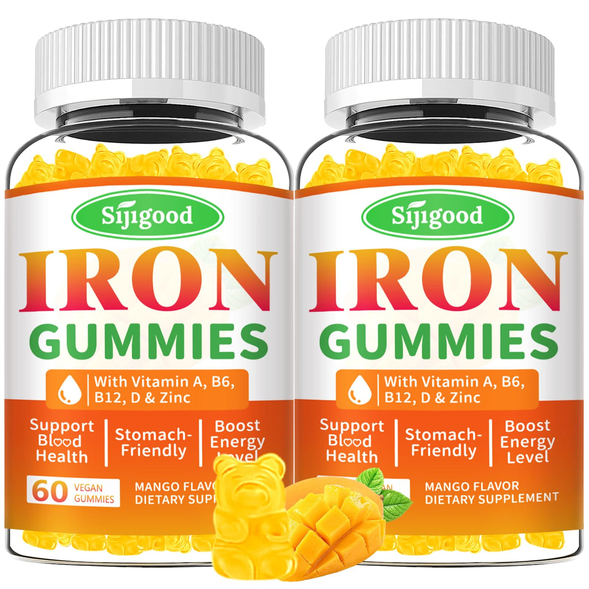 Sijigood iron gummies bottle front shows vegan mango flavor and easy daily intake.